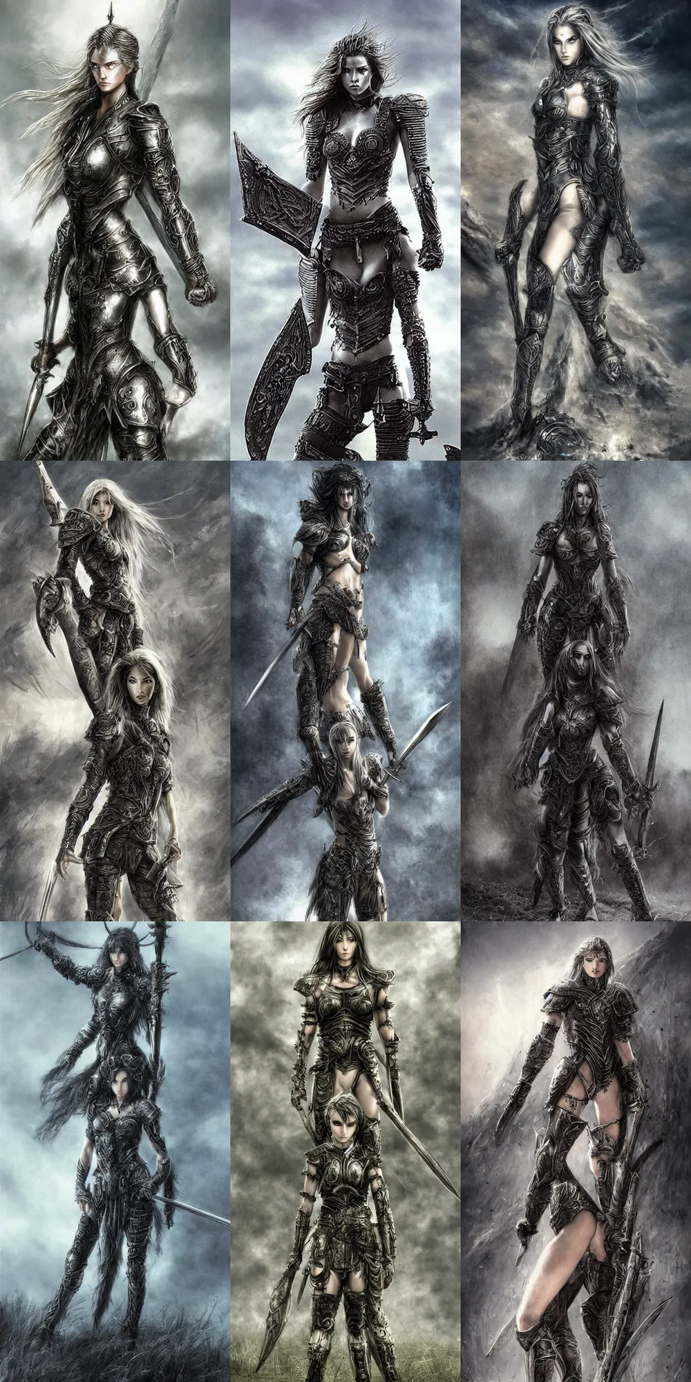 Prompt: young female warrior in light armor, standing centered on the field of battle, in style of luis royo