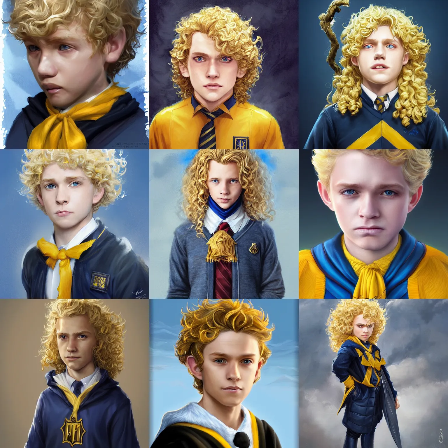 Prompt: a curly blonde hair hufflepuff boy age 1 1 years old with blue eyes, happy, fantasy, portrait, highly detailed, digital painting, artstation, concept art, sharp focus, illustration, art by artgerm and greg rutkowski and magali villeneuve