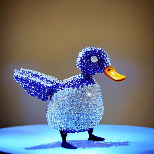 Prompt: duck made of crystals flying in the air