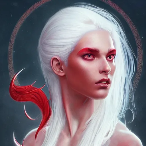 Image similar to ultra realistic illustration, dream humanoid demon girl with white hair, red horns, in white clothes, red eyes, intricate, elegant, highly detailed, digital painting, artstation, concept art, smooth, sharp focus, illustration, art by artgerm and greg rutkowski and alphonse mucha