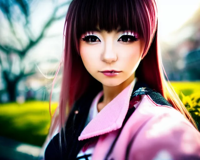 Image similar to close up portrait of an japanese gyaru with beautiful face and modern clothes, sakura blooming in the background, bokeh, depth of field, dramatic lighting, cinematic, vivid colors, matte painting, vivid color scheme, trending on pixiv