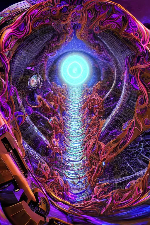 Image similar to the machine universe encounters a living cosmos inside an asymmetric orthogonal non - euclidean upside down inside out world with an infinite cosmic spiral waterfall of living information, inspired by android jones and blake foster, hyperrealistic, extreme detail, psychedelic visionary digital art, concept art, rendered in cinema 4 d, cryengine 8 k