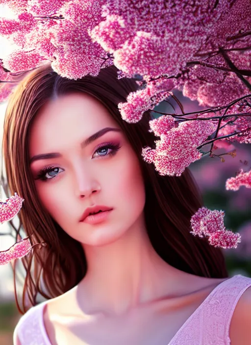 Prompt: photo of a beutiful girl in the style of stefan kostic, realistic, full body shot, sharp focus, 8 k high definition, insanely detailed, intricate, elegant, art by stanley lau and artgerm, extreme blur cherry blossoms background