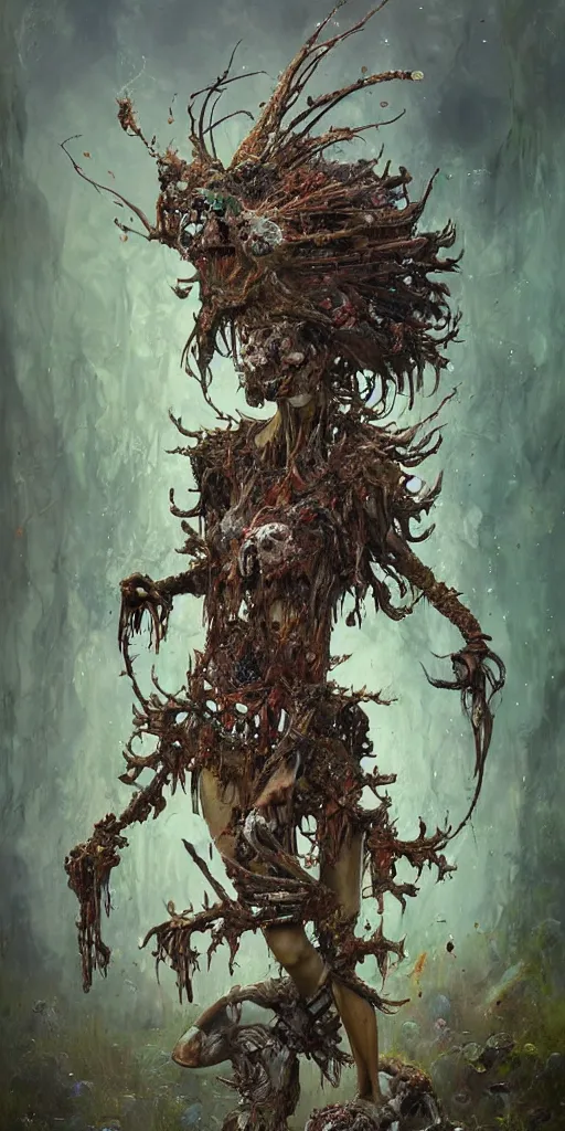 Prompt: full body! very ugly goblin by irakli nadar with intricate detailed color smashing fluid oil paint and acrylic, headdress made of bones, melting wax, mycelia, abstract impressionism, ruan jia, fantasy, hyper detailed, concept art, by peter mohrbacher and gustav klimt,