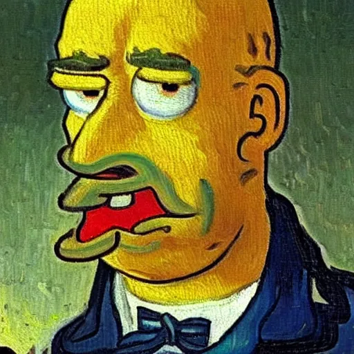 Prompt: a beautiful oil painting of homer simpson, 8k , award winning , made in 1800's , old , painted by vincent van gogh