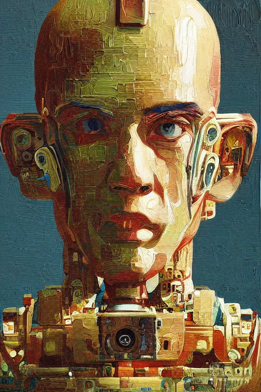 Image similar to robot monk painting a self - portrait on a canvas. intricate, highly detailed, photorealistic, film still, by christopher doyle.