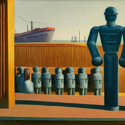 Image similar to robot bishop guards, human prisoners, art deco steamliner prison barge, end times, grant wood, pj crook, edward hopper, oil on canvas