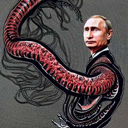 Image similar to bodyhorror portrait of vladimir putin who became a giant retarded lovecraftian worm, photo - realistic, color image, 2 k, highly detailed