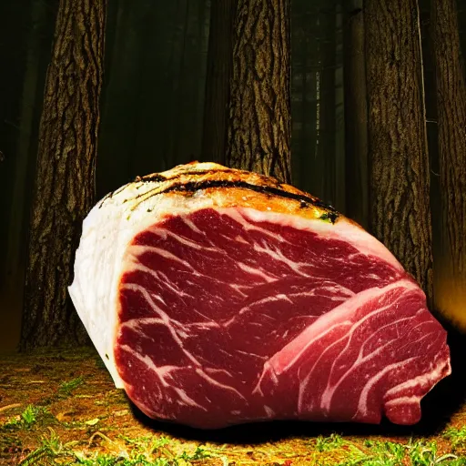 Image similar to a big fat butcher with a scary face chops a piece of meat in a dark forest