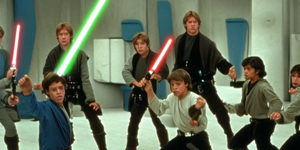 Image similar to A still of Mark Hamill as Jedi Master Luke Skywalker training a group of diverse young Jedi students in a Sci-fi room, in a Star Wars Sequel, 1990, Directed by Steven Spielberg, 35mm