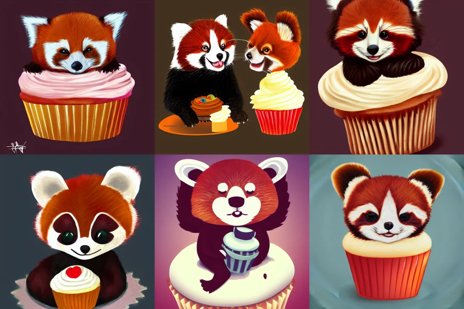 Prompt: an adorable red panda hugging a cupcake, trending on artstation,