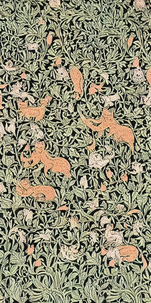 Image similar to a group of cats, happy, beautiful, style of william morris print