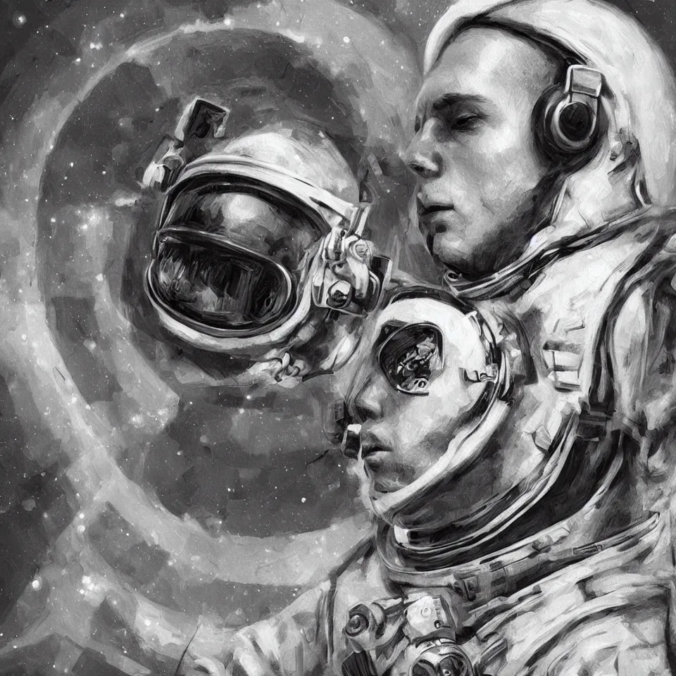 Prompt: a portrait astronaut wearing a headphone, digital painting, digital art, beautiful, cinematic, 4 k, ultra hd, art by ben templesmith