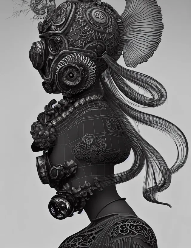 Image similar to 3 d goddess close - up profile portrait with vintage gas mask ram skull. beautiful intricately detailed japanese crow kitsune mask and clasical japanese kimono. betta fish, jellyfish phoenix, bio luminescent, plasma, ice, water, wind, creature, artwork by tooth wu and wlop and beeple and greg rutkowski