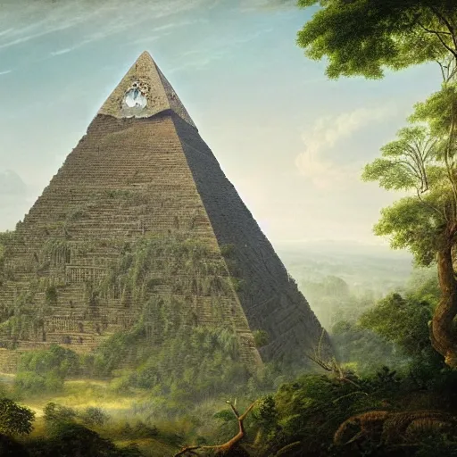 Image similar to a beautiful and highly detailed matte painting of an ancient pyramid in a lush forest, intricate details, epic scale, insanely complex, 8 k, sharp focus, hyperrealism, by caspar friedrich,