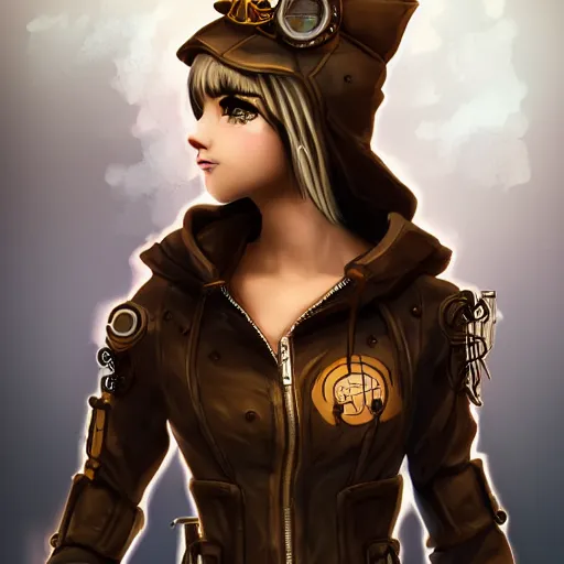 Prompt: character portrait of a cute steampunk girl in a hoodie, highly detailed, arstation, art, professional, cyberpunk