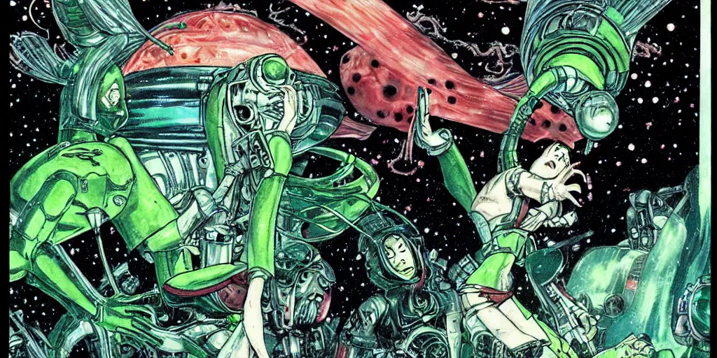 Prompt: apocalyptic ufo woman is screaming and crying after alien invasion on planet earth style of manga comic books in the year seventies, storybook illustration, by yoshitaka amano, green color scheme