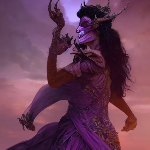 Image similar to an extremely detailed matte painting of a demon queen in a resplendant and beautiful purple dress as a masquerade ball, epic fantasy, viewed in profile from far away, sharp focus, detailed face, art by greg rutkowski and alphonse mucha, volumetric lighting, 4 k resolution, artstation