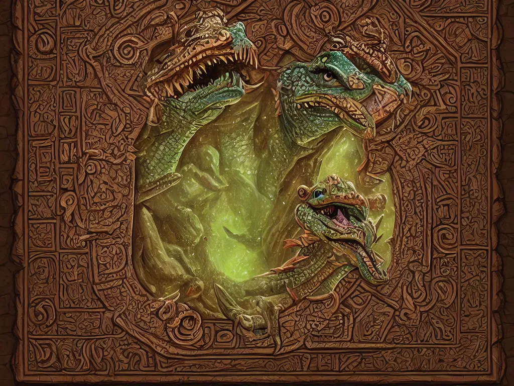 Image similar to aztec book decorative border frame, crocodile reptilian motifs, d & d, fantasy, intricate, elegant, highly detailed, digital painting, artstation, illustration, hearthstone