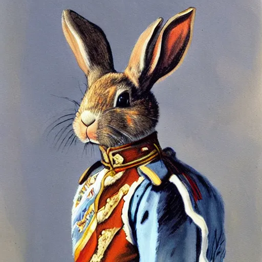 Image similar to a painting of a rabbit dressed as a Russian Imperial Soldier