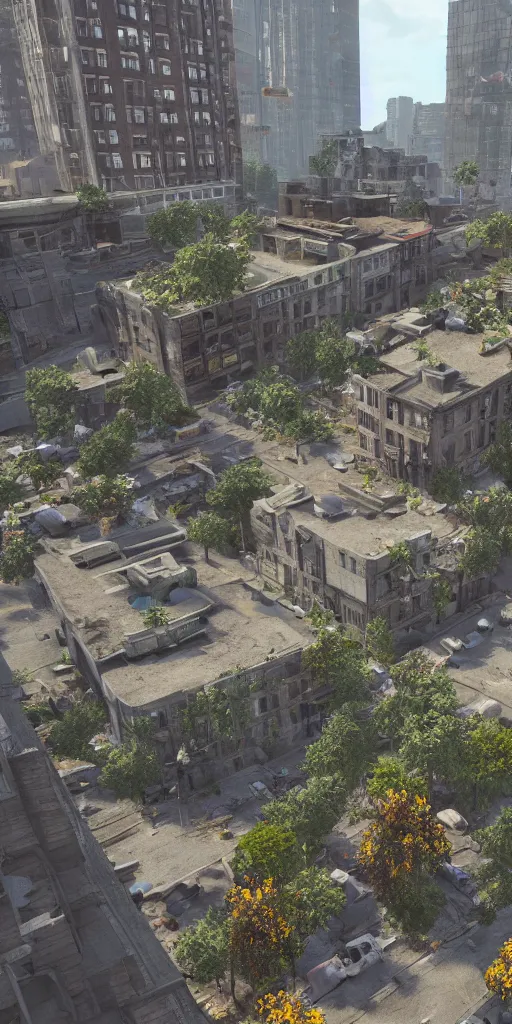 Image similar to a photorealistic city scape of buildings that are old and distressed with flowers growing out of the rubble, render in unreal engine 5,