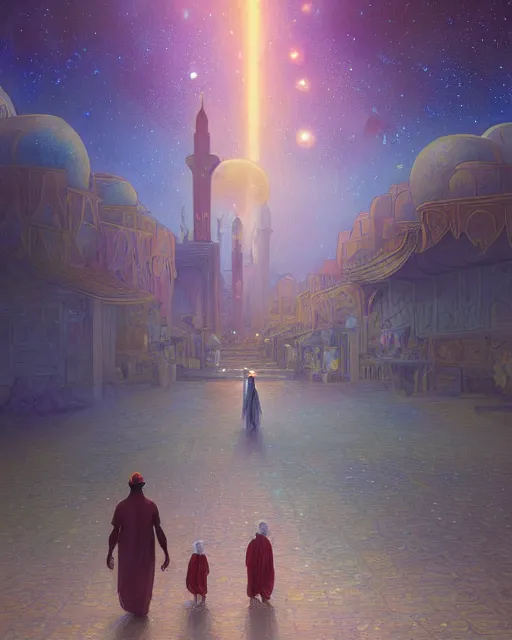 Image similar to bedouin man and woman and child in galaxy walking towards mosque surrounded by nebula, highly detailed, gold filigree, romantic storybook fantasy, soft cinematic lighting, award, disney concept art watercolor illustration by mandy jurgens and alphonse mucha and alena aenami, pastel color palette, featured on artstation