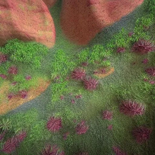 Prompt: digital art of a lush natural scene on an alien planet by lurid ( 2 0 2 2 ). beautiful landscape. weird vegetation. cliffs and water. grainy and rough. interesting colour scheme. soft warm colours. painting from high quality 3 d render. absurd.