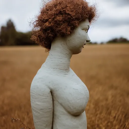 Image similar to a girl made out of clay surrounded by a biomorphic clouds in rolling hills, 5 0 mm lens, f 1. 4, sharp focus, ethereal, emotionally evoking, head in focus, volumetric lighting, 8 k