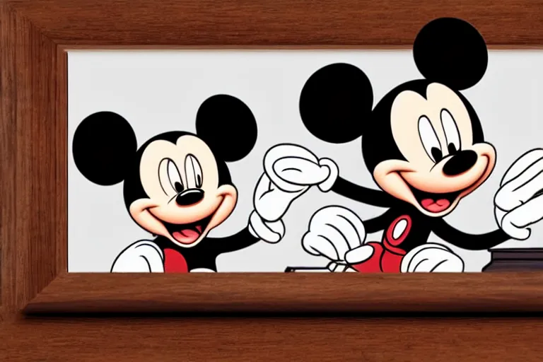 Image similar to detailed background courtroom sketch of vintage disney character mickey mouse presenting evidence of copyright infringement to the judge bench court room wooden serious dark tone