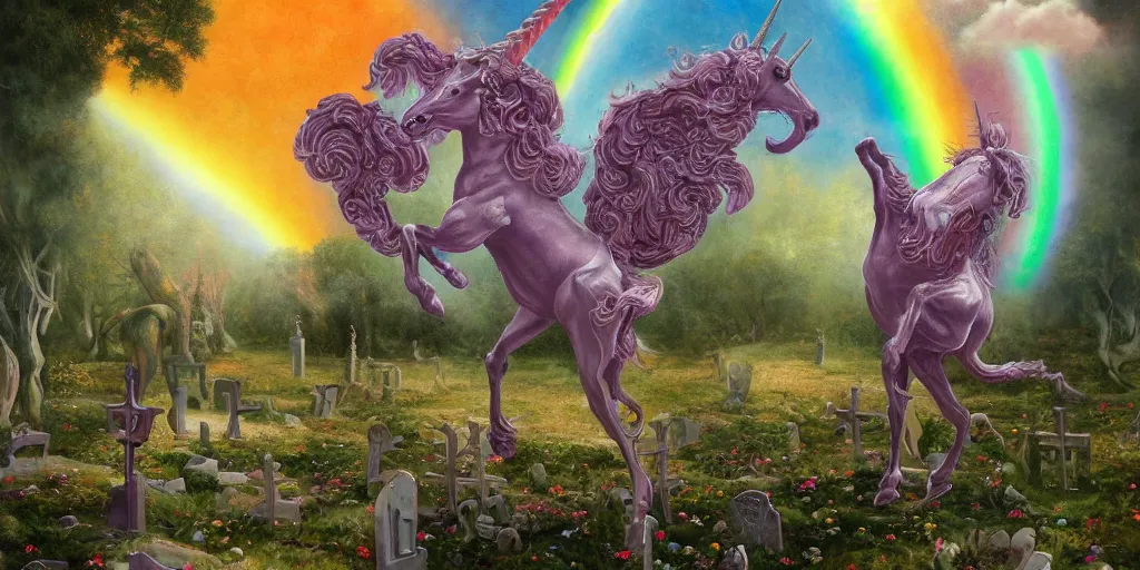 Image similar to A beautiful detailed mate painting Unicorns dancing under a rainbow on a graveyard' by Wayne Barlowe, existential horror, Trending on cgsociety artstation, highly detailed, 8k, masterpiece, in the style of DiscoDiffusion.