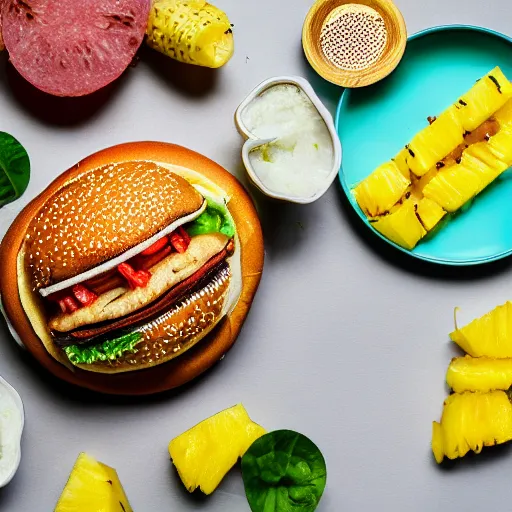 Image similar to a juicy hamburger with pineapple, 8 k resolution, food photography, studio lighting, sharp focus, hyper - detailed