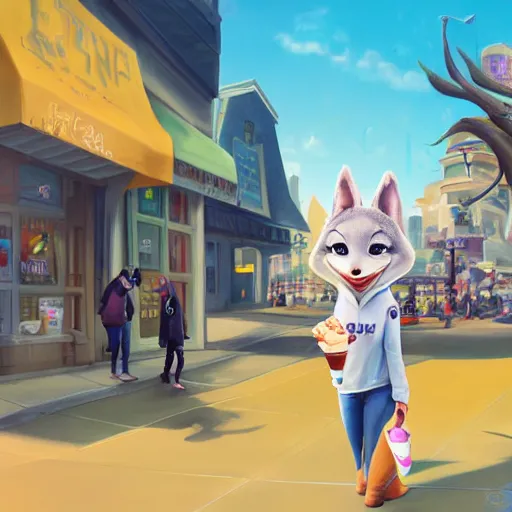 Image similar to furry art of female shark walking down the street holding an icecream cone, digital art, artstation, 4K, detailed, wearing yellow hoodie, zootopia, detailed face, anthromorphic,