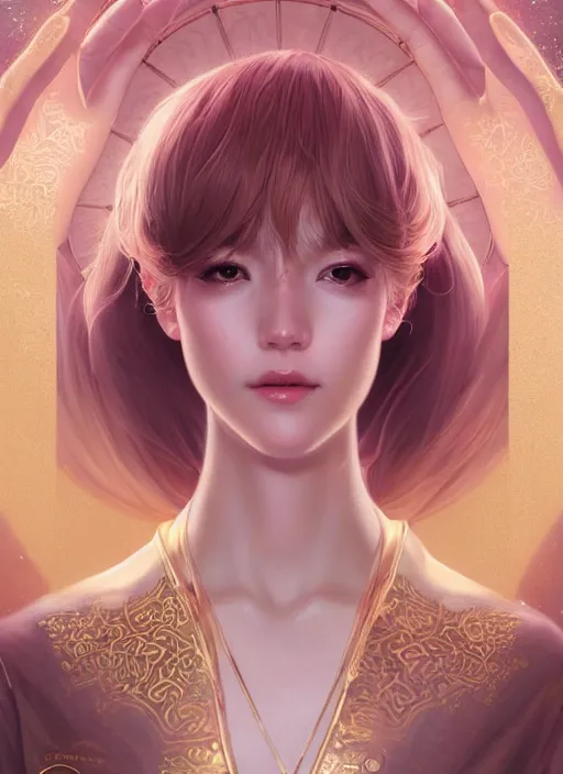 Prompt: dreamlike luxury stunning zodiac aquarius god portrait, pale pink and gold kimono, art by artgerm, wlop, loish, ilya kuvshinov, 8 k realistic, hyperdetailed, beautiful lighting, detailed background, depth of field, symmetrical face, frostbite 3 engine, cryengine,