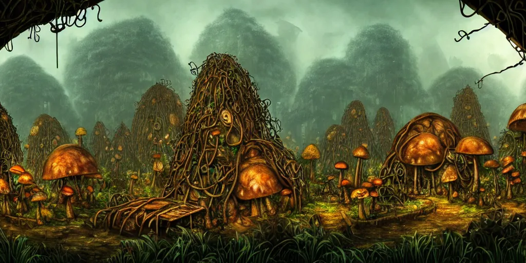 Prompt: a jungle village of cybernetic mutants and their mushroom tents, matte oil painting, retrofuturistic, science fantasy, roguelike, rusted vines, salt powder, lgbt, queer, rpg, epic, dungeons & dragons, sacred, sharp focus, award - winning, extremely detailed, 4 k, 8 k
