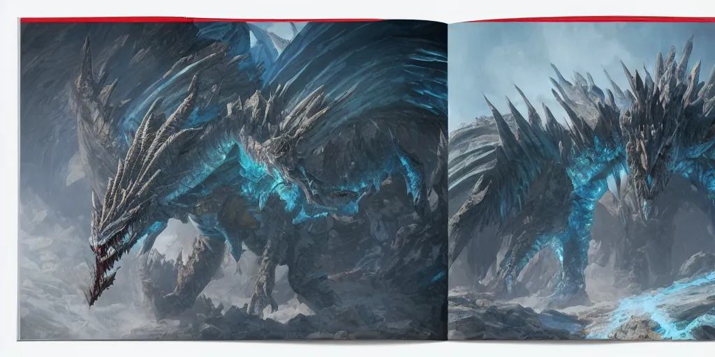 Image similar to Frost Dragon, Monster Hunter Illustrations art book, giant, Moebius, Greg Rutkowski, Zabrocki, Karlkka, Jayison Devadas, Phuoc Quan, trending on Artstation, 8K, ultra wide angle, zenith view, pincushion lens effect.