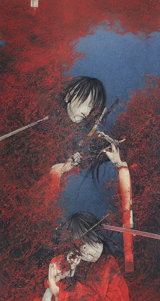 Image similar to Japanese schoolgirl runs away from Samurai with a katana on the subway, high detailed Beksinski painting, part by Adrian Ghenie and Gerhard Richter. art by Takato Yamamoto. masterpiece, deep colours, blue