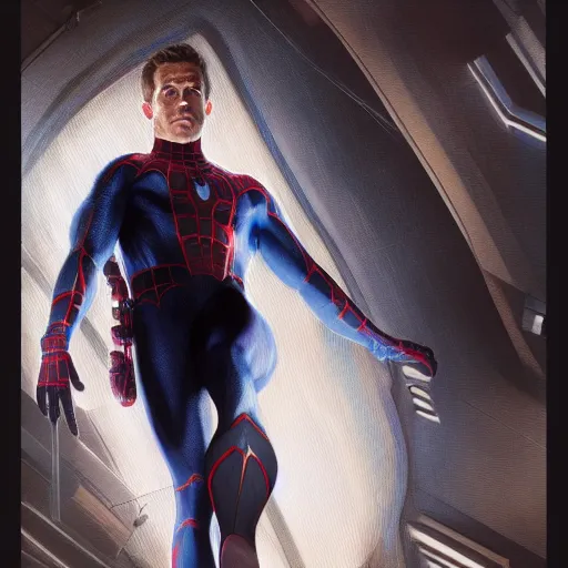 Image similar to ryan reynolds as spider - man, wearing a black and blue suit, cinematic, volumetric lighting, f 8 aperture, cinematic eastman 5 3 8 4 film, photorealistic by greg rutkowski, by stanley artgerm, by alphonse mucha