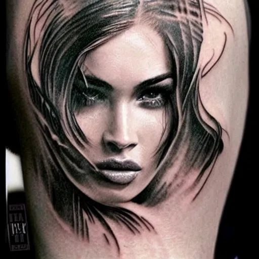 Image similar to realistic tattoo sketch of megan fox face double exposure effect with a mountain scenery, in the style of matteo pasqualin, amazing detail, sharp