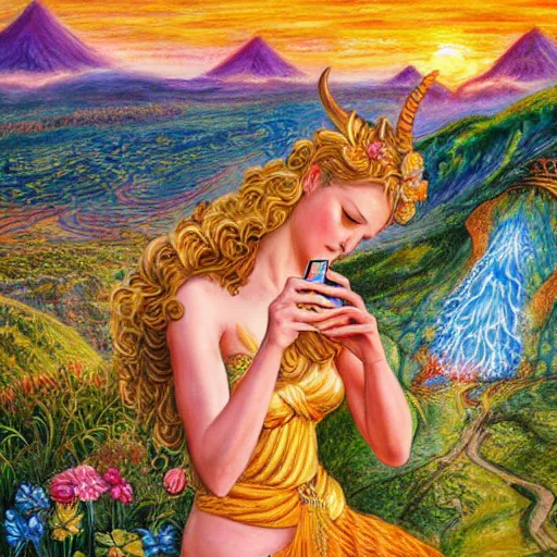 Prompt: a painting by josephine wall depicting a ramhorned goddes checking her cell phone, erupting volcano and sunrise in distance in background, flowers in foreground, acrylic on canvas, intricately detailed, highly detailed, high resolution, trending on artstation