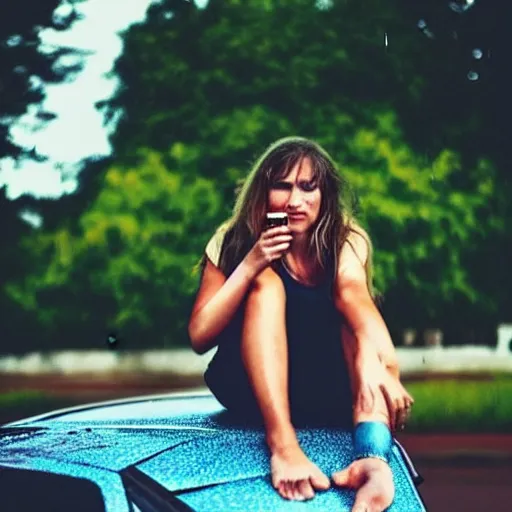 Image similar to “ barefoot girl sitting on the hood of a car drinking a beer in the summer rain ”