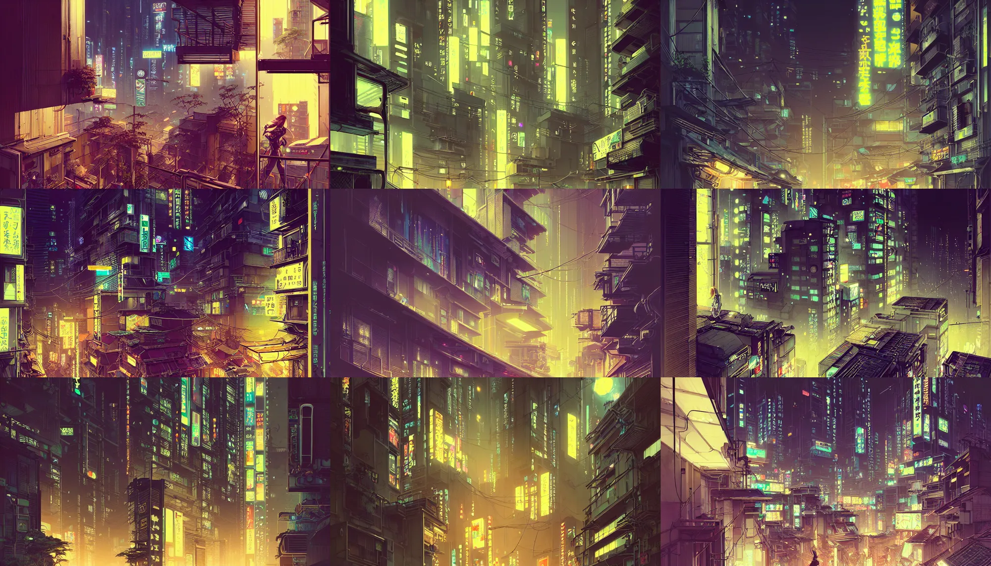 Prompt: hyper - realistic portrait of cyberpunk tokyo balcony at night, lots of signs and plants in style of atey ghailan, by greg rutkowski, by greg tocchini, by james gilleard, by joe fenton, by kaethe butcher, dynamic lighting, gradient light yellow, brown, blonde cream and white color scheme, grunge aesthetic