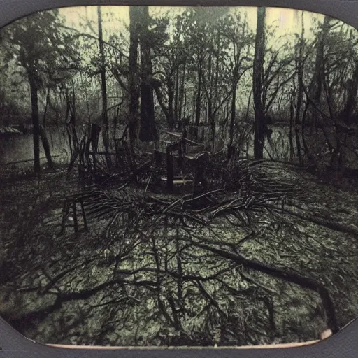 Prompt: occult sacrifice site in the Louisana swamp, detailed, dark, scary, real Polaroid photo