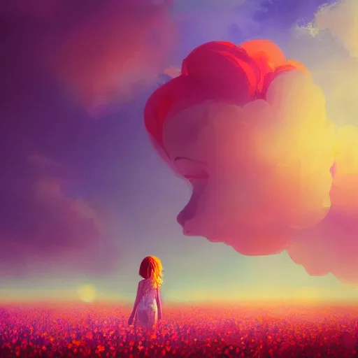 Image similar to large flower head, girl floating in a flower field, surreal photography, sunrise dramatic light, impressionist painting, colorful clouds, digital painting, artstation, simon stalenhag