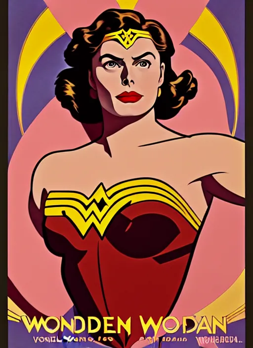 Image similar to well - lit art nouveau portrait of ingrid bergman as wonder woman in the poster for the 1 9 4 8 film'wonder woman versus the robots '. beautiful. powerful, natural lighting, path traced, highly detailed, high quality, cartoon, digital painting, by don bluth and ross tran and studio ghibli and alphonse mucha