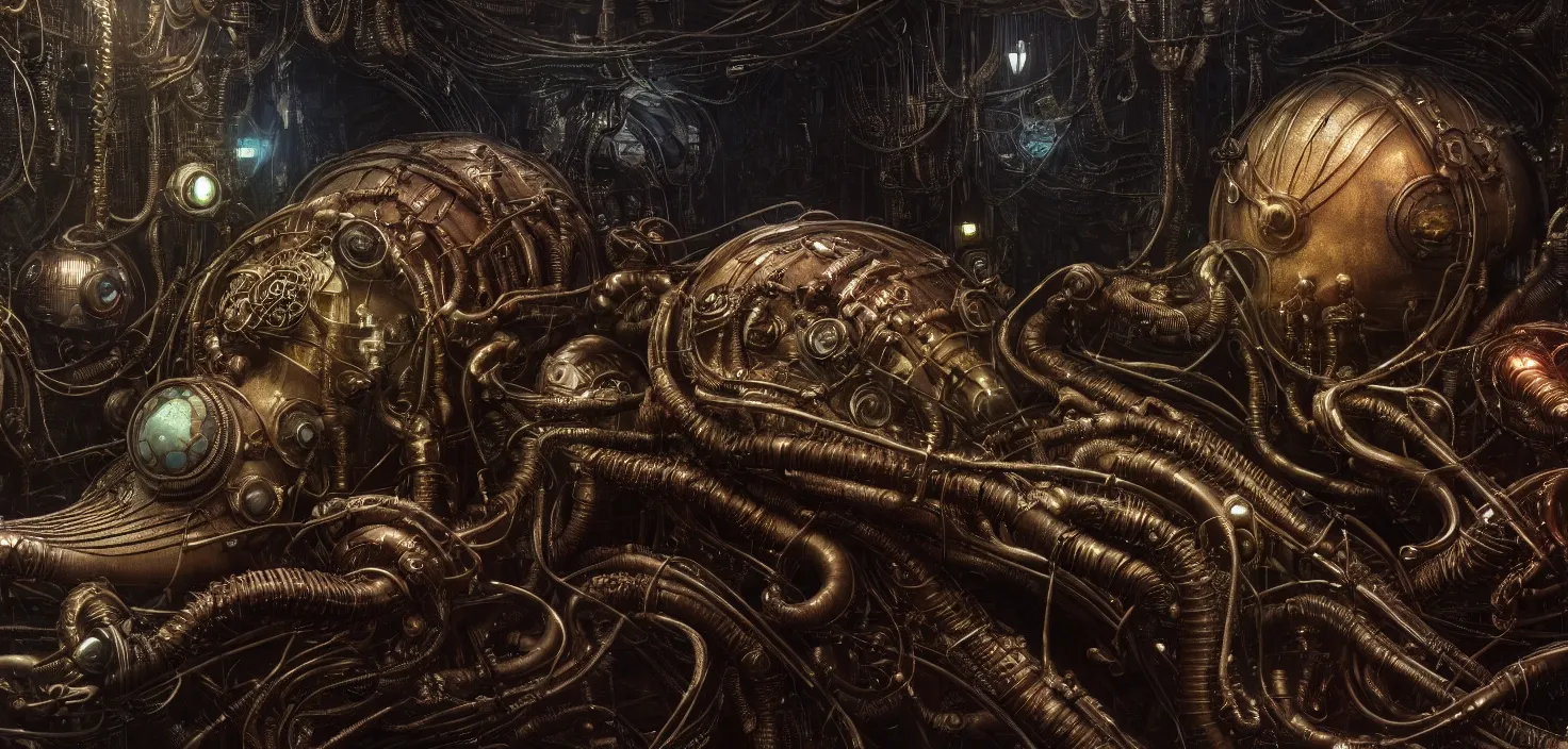 Image similar to Prometheus biological steampunk environment set close-up, hibernation capsule close-up, in a nightmarish universe of odd forms and somber tapestry, HR Giger and Vincent Di Fate, vivid color scheme, featured in artstation, octane render, cinematic, elegant, intricate, 8k