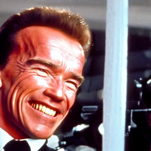 Prompt: arnold schwarzenegger in true lies smiling at the camera, blooper, out take, funny