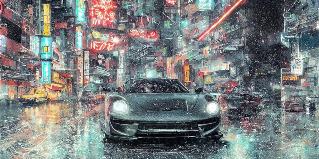 Image similar to tokyo porche 9 1 1 origami neon signs raining, cyberpunk, hyperrealistic, highly detailed, art station greg rutkowski