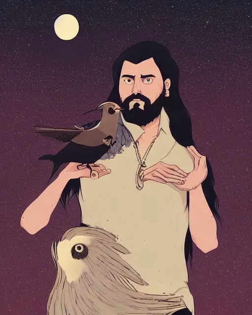 Image similar to portrait of a man with long black hair and beard holding a bird in his hands, full moon in the background, fine portrait, beautiful, concept art, by tomer hanuka, by alex vermeer