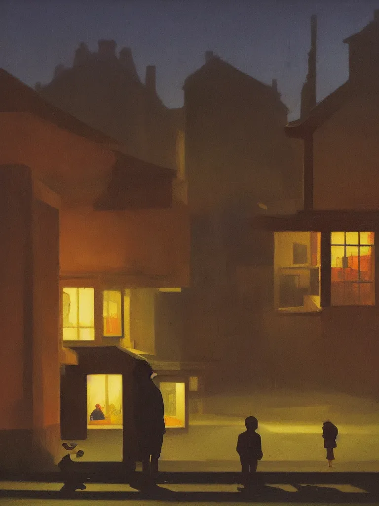 Prompt: two kids posing for a picture at night, dark, backlighting, small village, town square, trees, vegetation, artwork by edward hopper, james gilleard, zdzislaw beksinski, atmospheric, muted pastels
