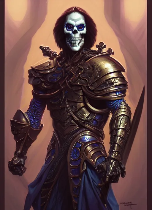 Image similar to symmetry! portrait of skeletor, d & d, muscular!! angry!!! armour, fantasy, intricate, elegant, highly detailed, digital painting, artstation, concept art, smooth, sharp focus, illustration, art by artgerm and greg rutkowski and alphonse mucha